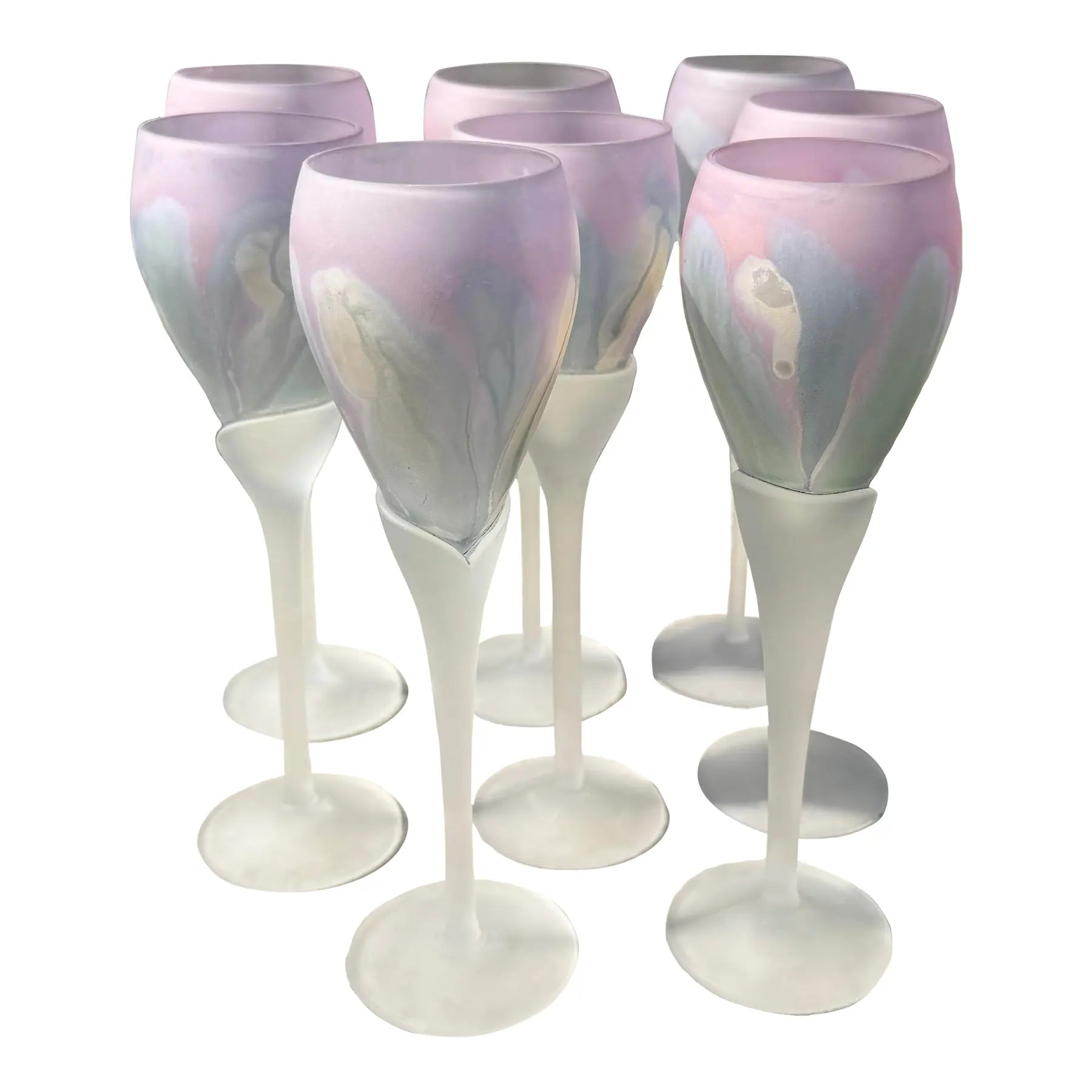 Late 20th Century Art Nouveau Hand Painted Watercolor Frosted Wine Glasses by Reuven - Set of 8 Dolphin & Flamingo