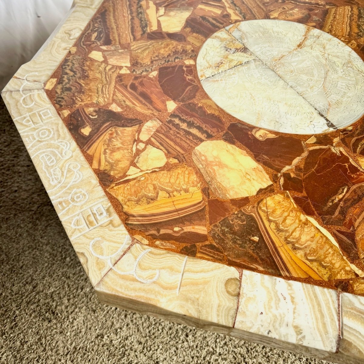 Mexican “Aztec” Hand Carved Green and Brown Onyx Octagonal Coffee Table - Dolphin & Flamingo
