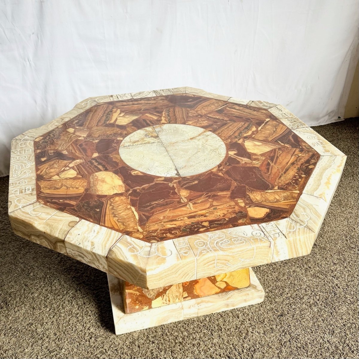 Mexican “Aztec” Hand Carved Green and Brown Onyx Octagonal Coffee Table - Dolphin & Flamingo