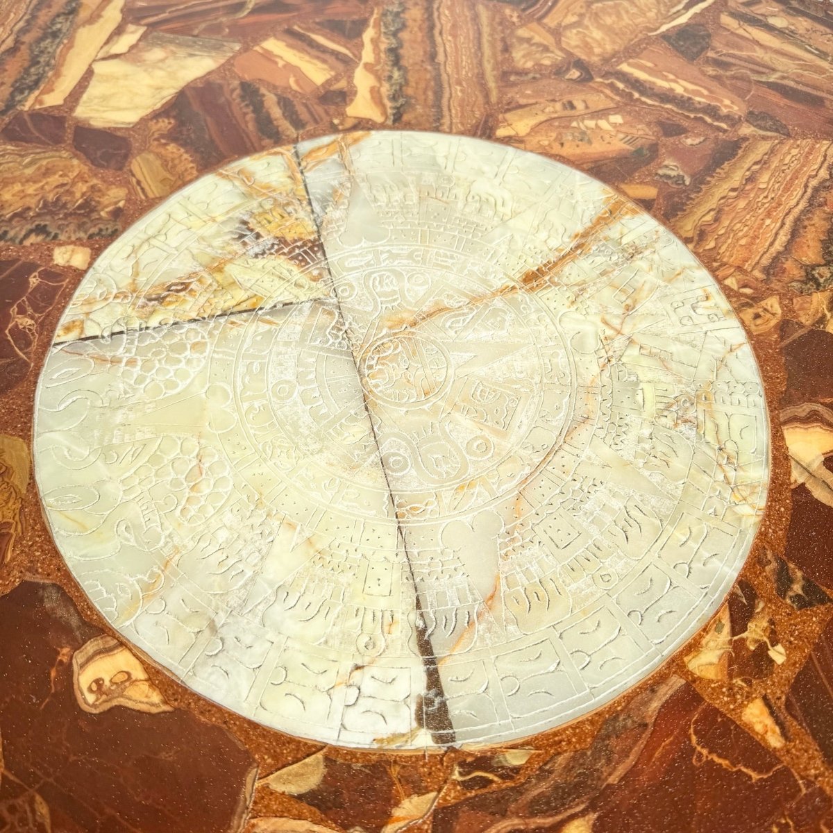 Mexican “Aztec” Hand Carved Green and Brown Onyx Octagonal Coffee Table - Dolphin & Flamingo