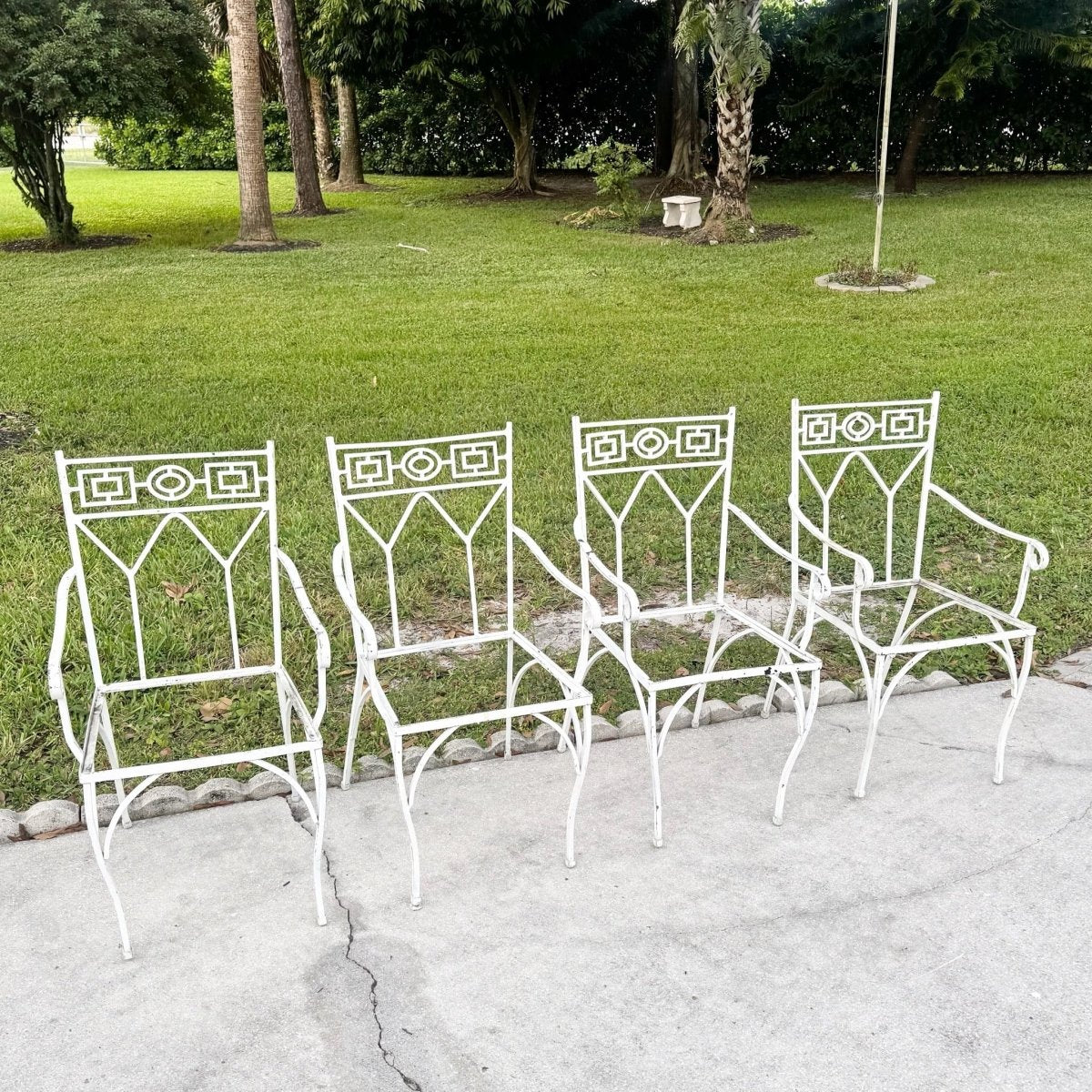 Mid Century Aluminum Outdoor Dining Chairs - Set of 4 No Cushions - Dolphin & Flamingo