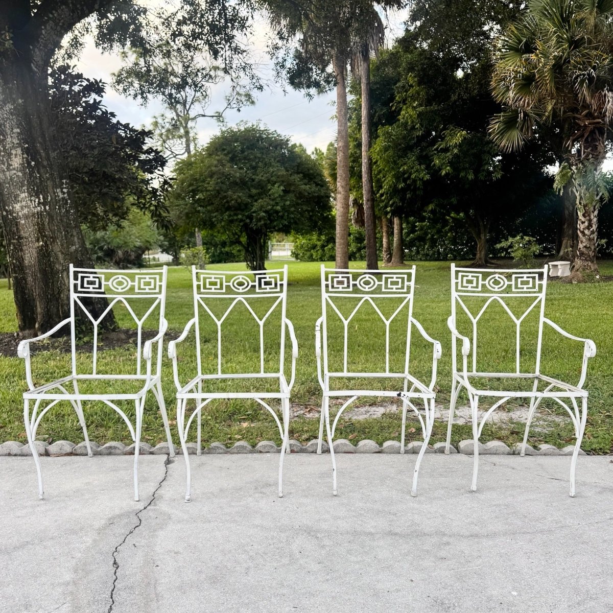 Mid Century Aluminum Outdoor Dining Chairs - Set of 4 No Cushions - Dolphin & Flamingo