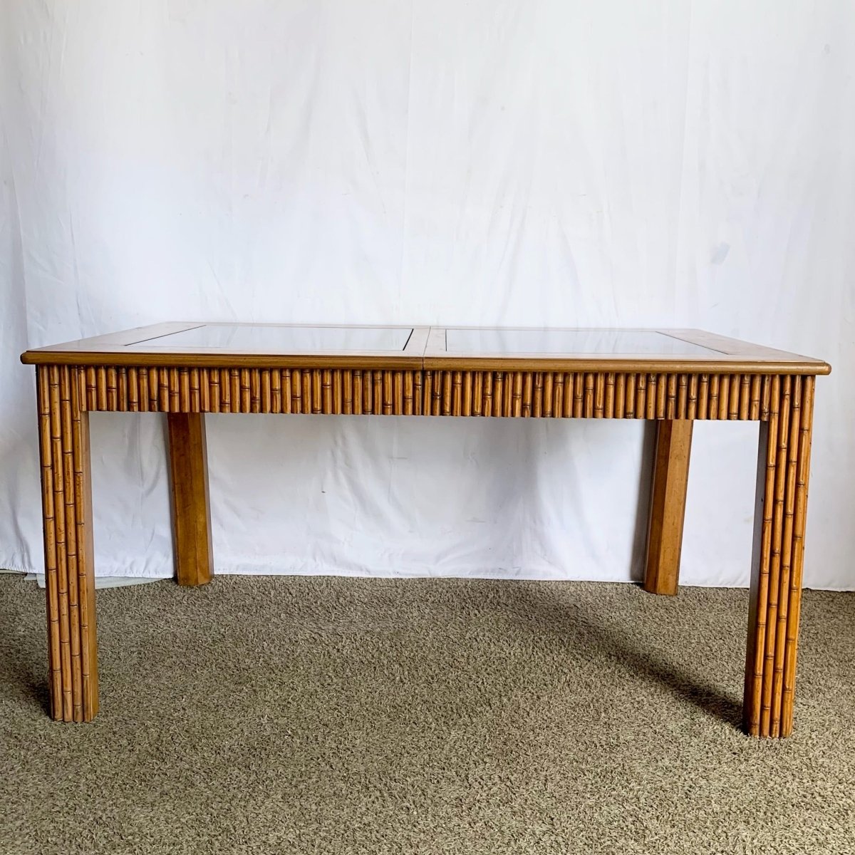 Mid Century Boho Faux Bamboo Extendable Smoked Glass Dining Table by American of Martinsville - Dolphin & Flamingo