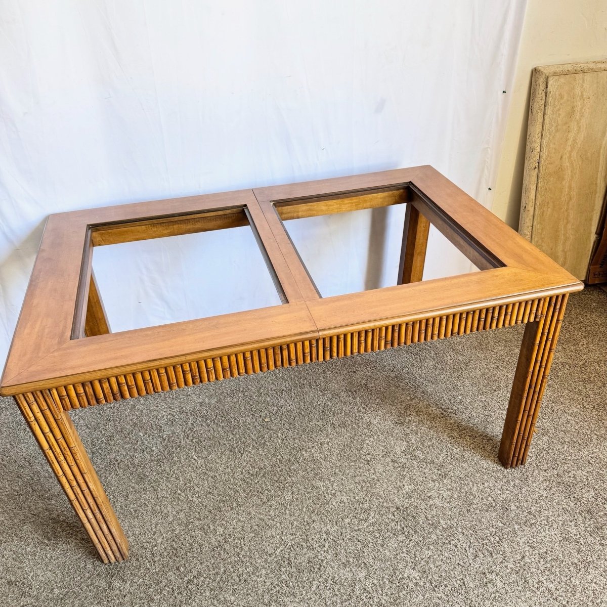 Mid Century Boho Faux Bamboo Extendable Smoked Glass Dining Table by American of Martinsville - Dolphin & Flamingo