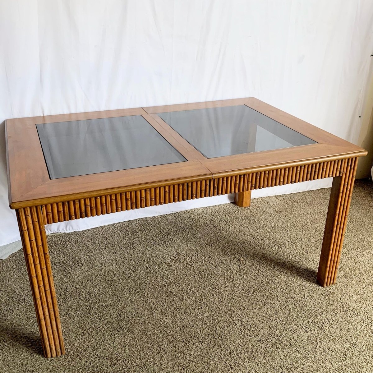Mid Century Boho Faux Bamboo Extendable Smoked Glass Dining Table by American of Martinsville - Dolphin & Flamingo