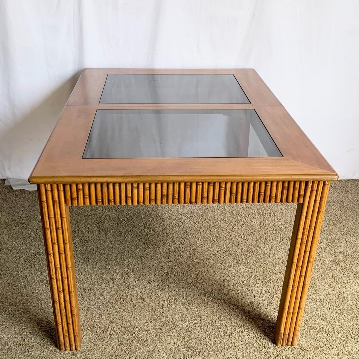 Mid Century Boho Faux Bamboo Extendable Smoked Glass Dining Table by American of Martinsville - Dolphin & Flamingo