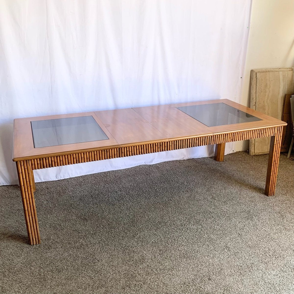 Mid Century Boho Faux Bamboo Extendable Smoked Glass Dining Table by American of Martinsville - Dolphin & Flamingo