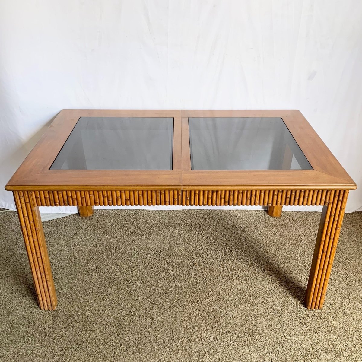 Mid Century Boho Faux Bamboo Extendable Smoked Glass Dining Table by American of Martinsville - Dolphin & Flamingo