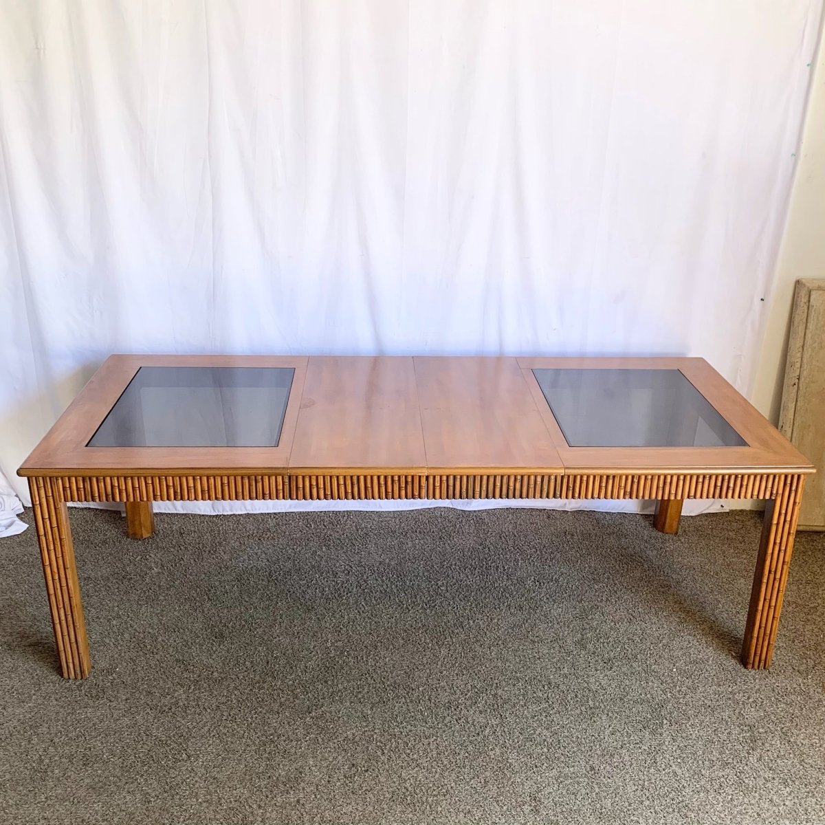 Mid Century Boho Faux Bamboo Extendable Smoked Glass Dining Table by American of Martinsville - Dolphin & Flamingo