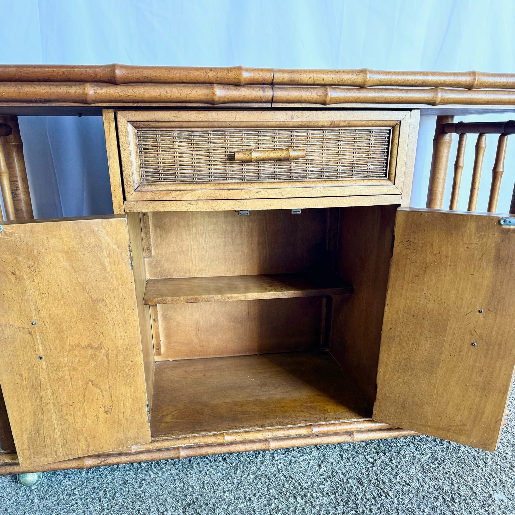 Mid Century Boho Faux Bamboo Wicker Buffet/Bar Cart by American of Martinsville - Dolphin & Flamingo
