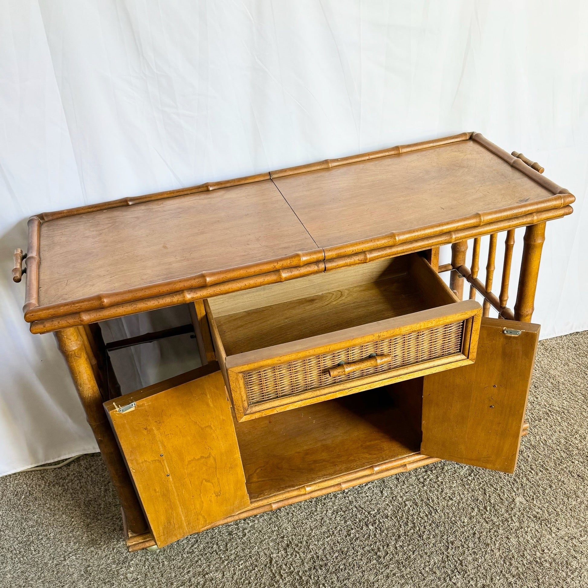 Mid Century Boho Faux Bamboo Wicker Buffet/Bar Cart by American of Martinsville - Dolphin & Flamingo