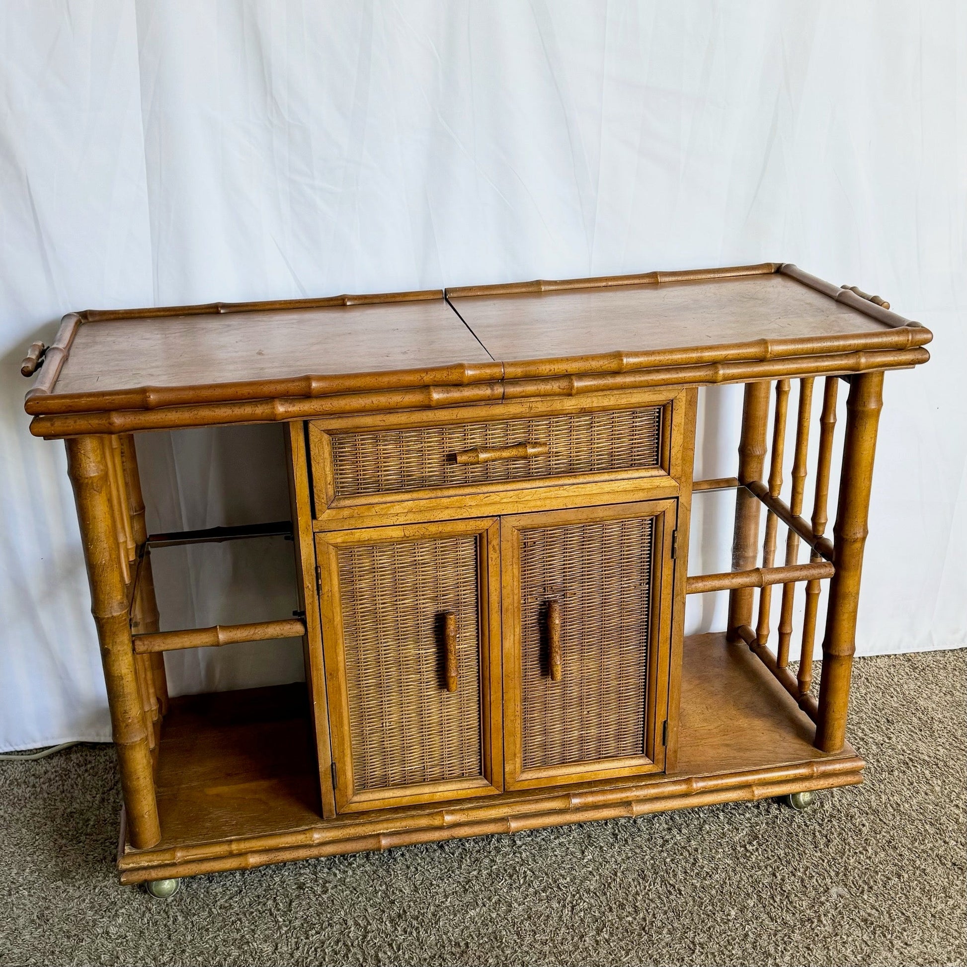 Mid Century Boho Faux Bamboo Wicker Buffet/Bar Cart by American of Martinsville - Dolphin & Flamingo