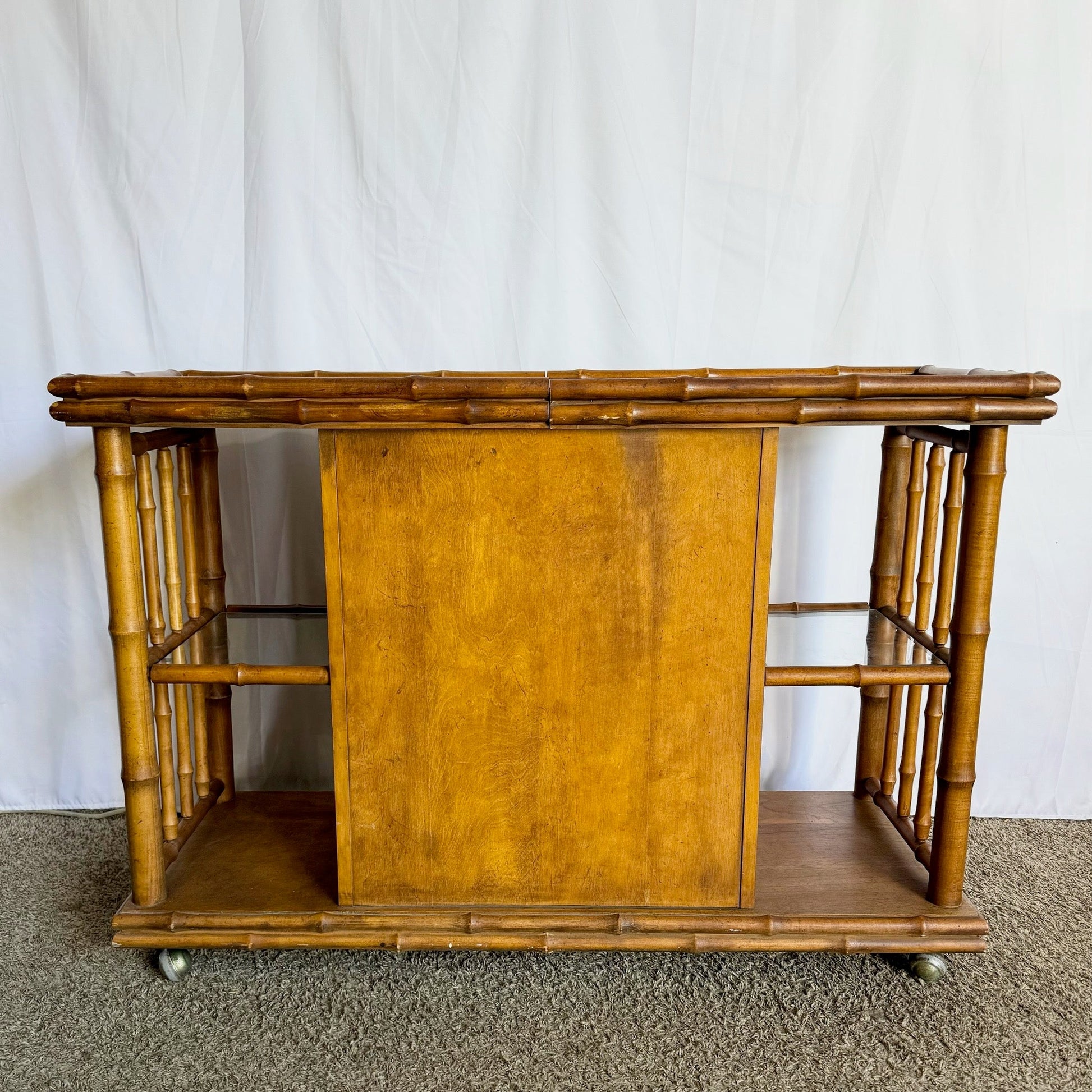 Mid Century Boho Faux Bamboo Wicker Buffet/Bar Cart by American of Martinsville - Dolphin & Flamingo