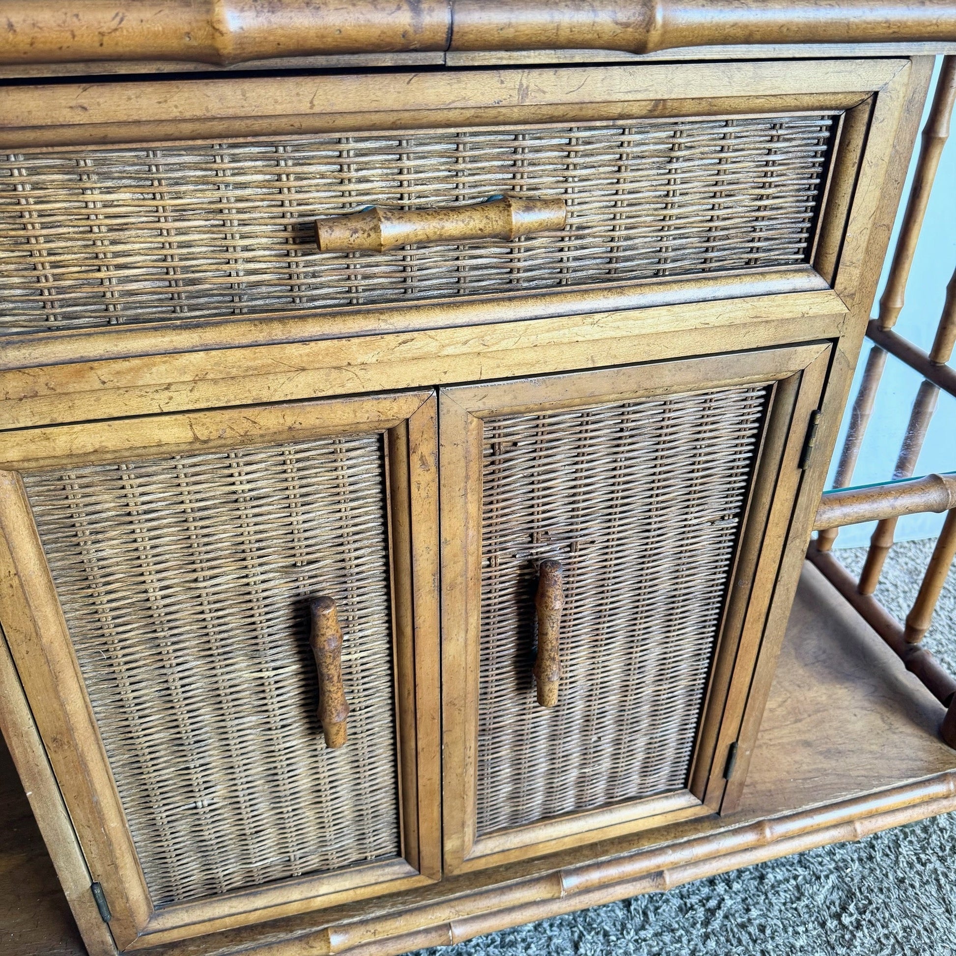 Mid Century Boho Faux Bamboo Wicker Buffet/Bar Cart by American of Martinsville - Dolphin & Flamingo