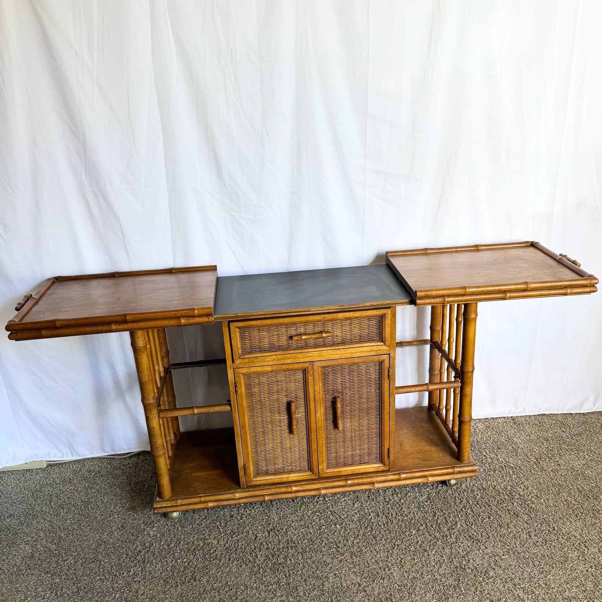 Mid Century Boho Faux Bamboo Wicker Buffet/Bar Cart by American of Martinsville - Dolphin & Flamingo