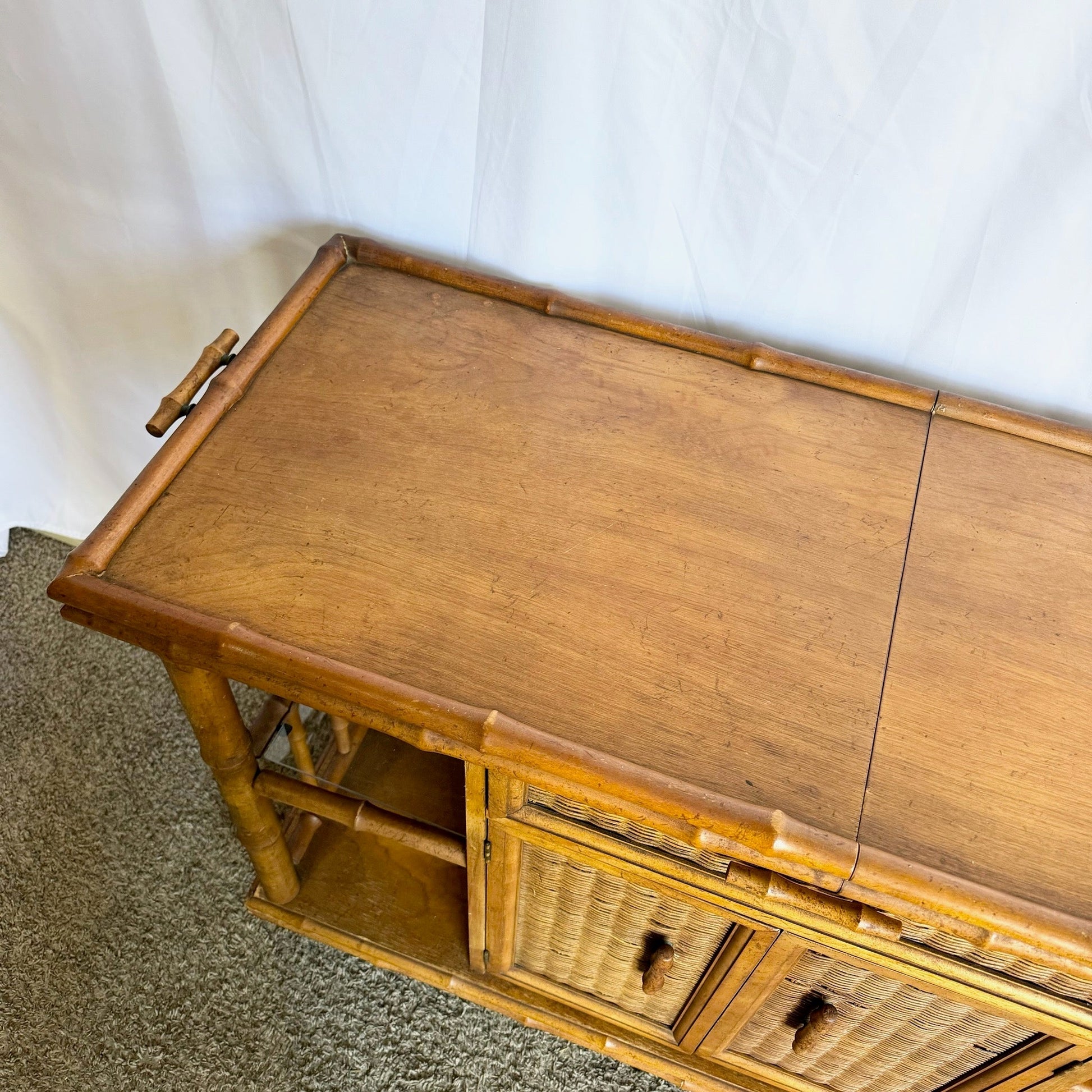 Mid Century Boho Faux Bamboo Wicker Buffet/Bar Cart by American of Martinsville - Dolphin & Flamingo