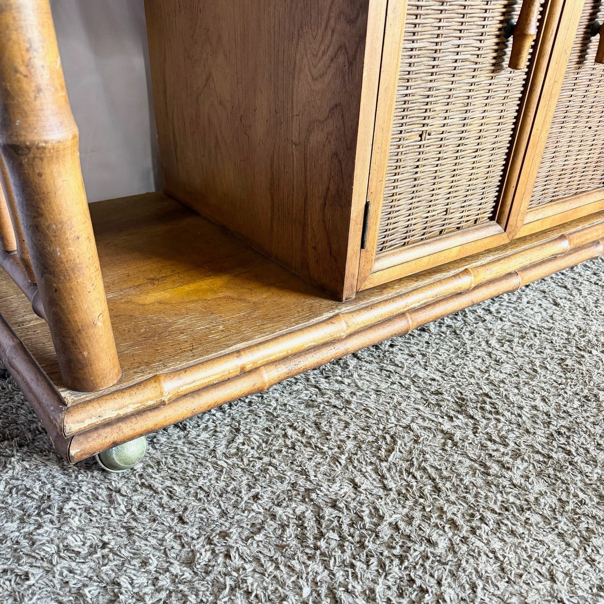 Mid Century Boho Faux Bamboo Wicker Buffet/Bar Cart by American of Martinsville - Dolphin & Flamingo