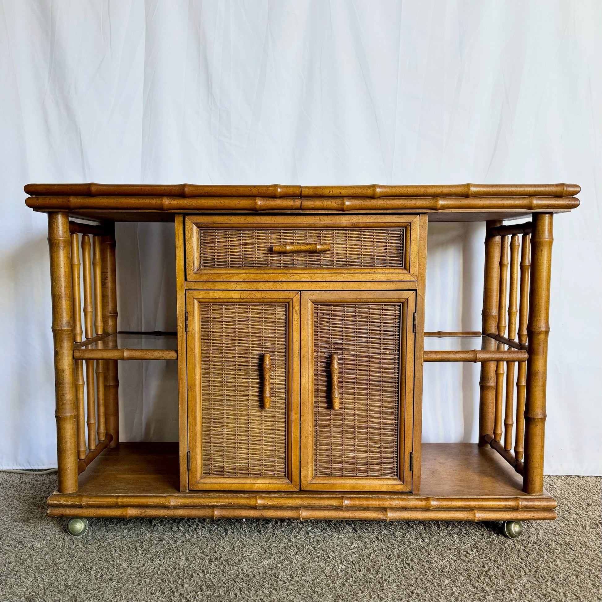 Mid Century Boho Faux Bamboo Wicker Buffet/Bar Cart by American of Martinsville - Dolphin & Flamingo
