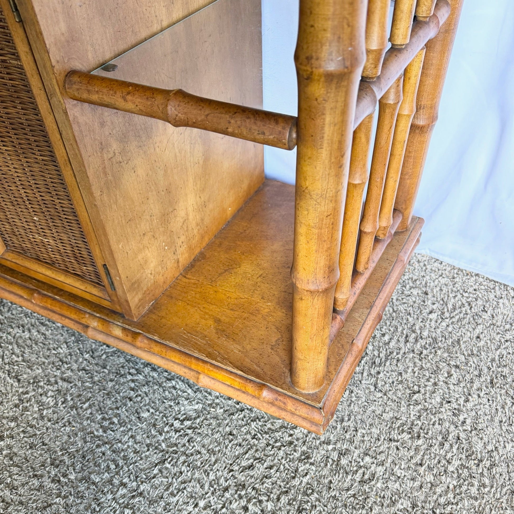 Mid Century Boho Faux Bamboo Wicker Buffet/Bar Cart by American of Martinsville - Dolphin & Flamingo