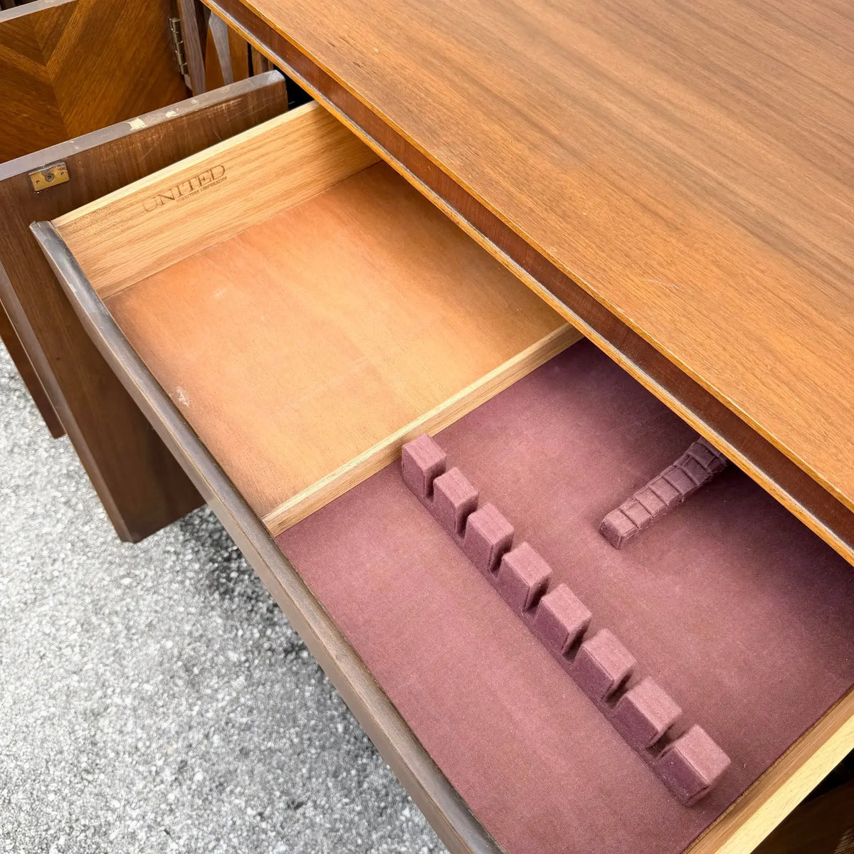 Mid Century Brutalist Credenza by United Furniture Corporation Dolphin & Flamingo