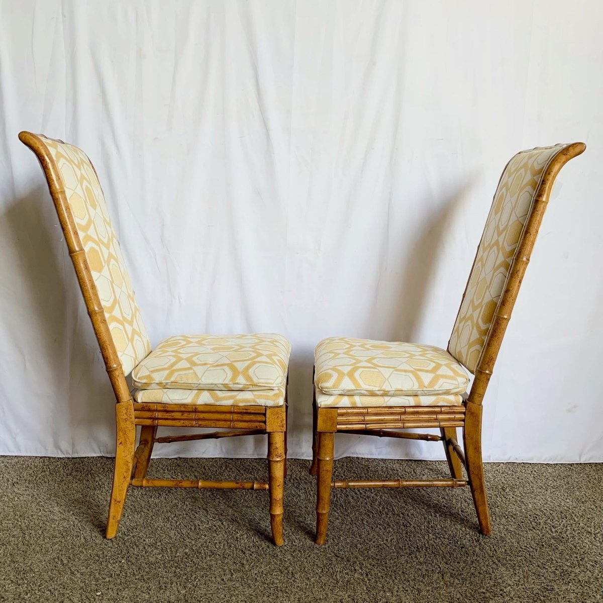 Mid Century Chiboiserie Faux Bamboo Dining Chairs by American of Martinsville - Set of 6 - Dolphin & Flamingo