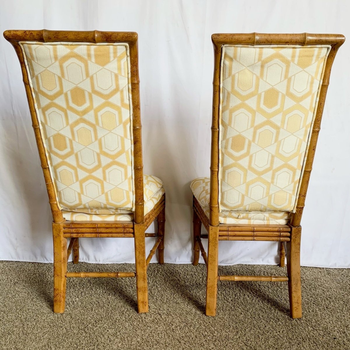 Mid Century Chiboiserie Faux Bamboo Dining Chairs by American of Martinsville - Set of 6 - Dolphin & Flamingo