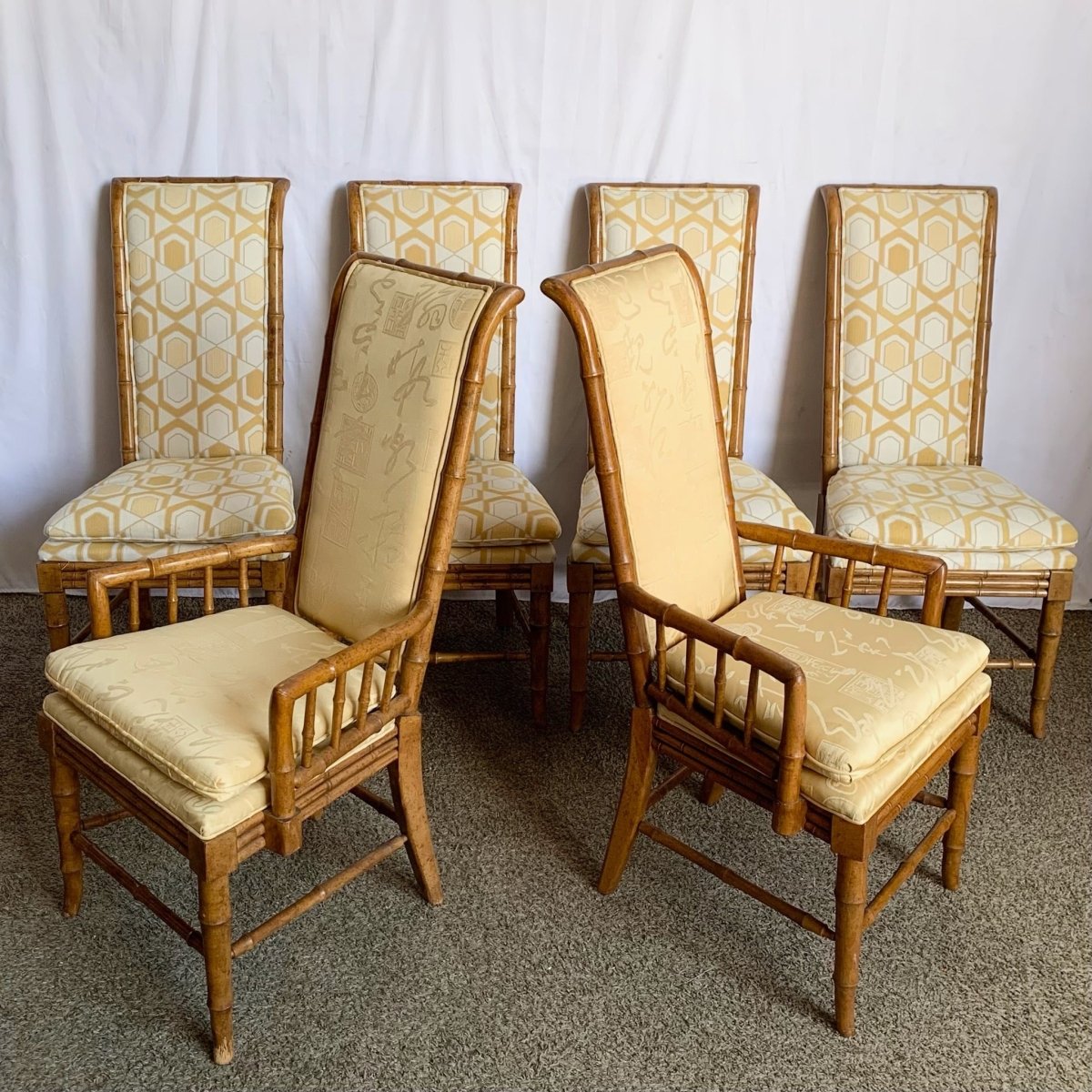 Mid Century Chiboiserie Faux Bamboo Dining Chairs by American of Martinsville - Set of 6 - Dolphin & Flamingo