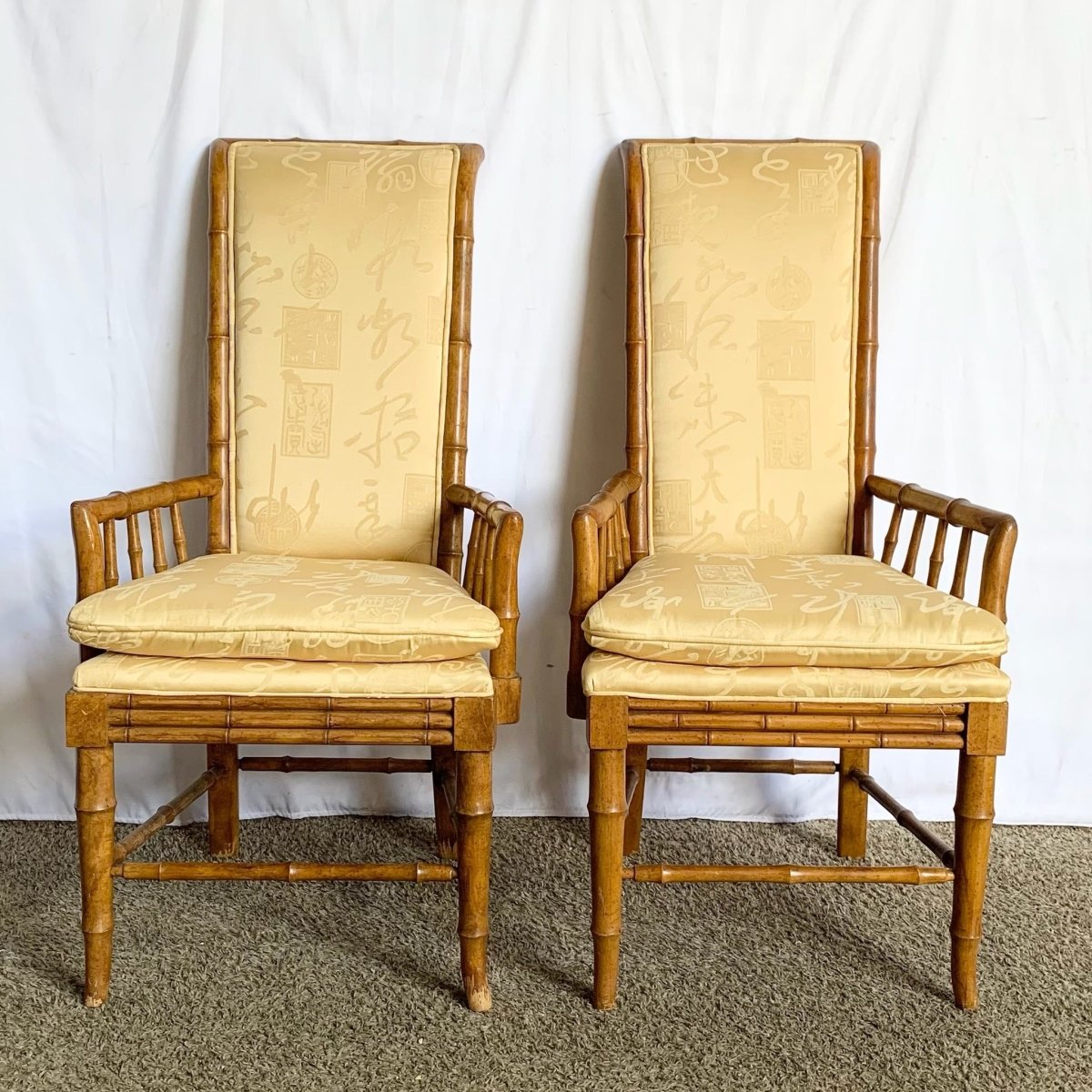 Mid Century Chiboiserie Faux Bamboo Dining Chairs by American of Martinsville - Set of 6 - Dolphin & Flamingo