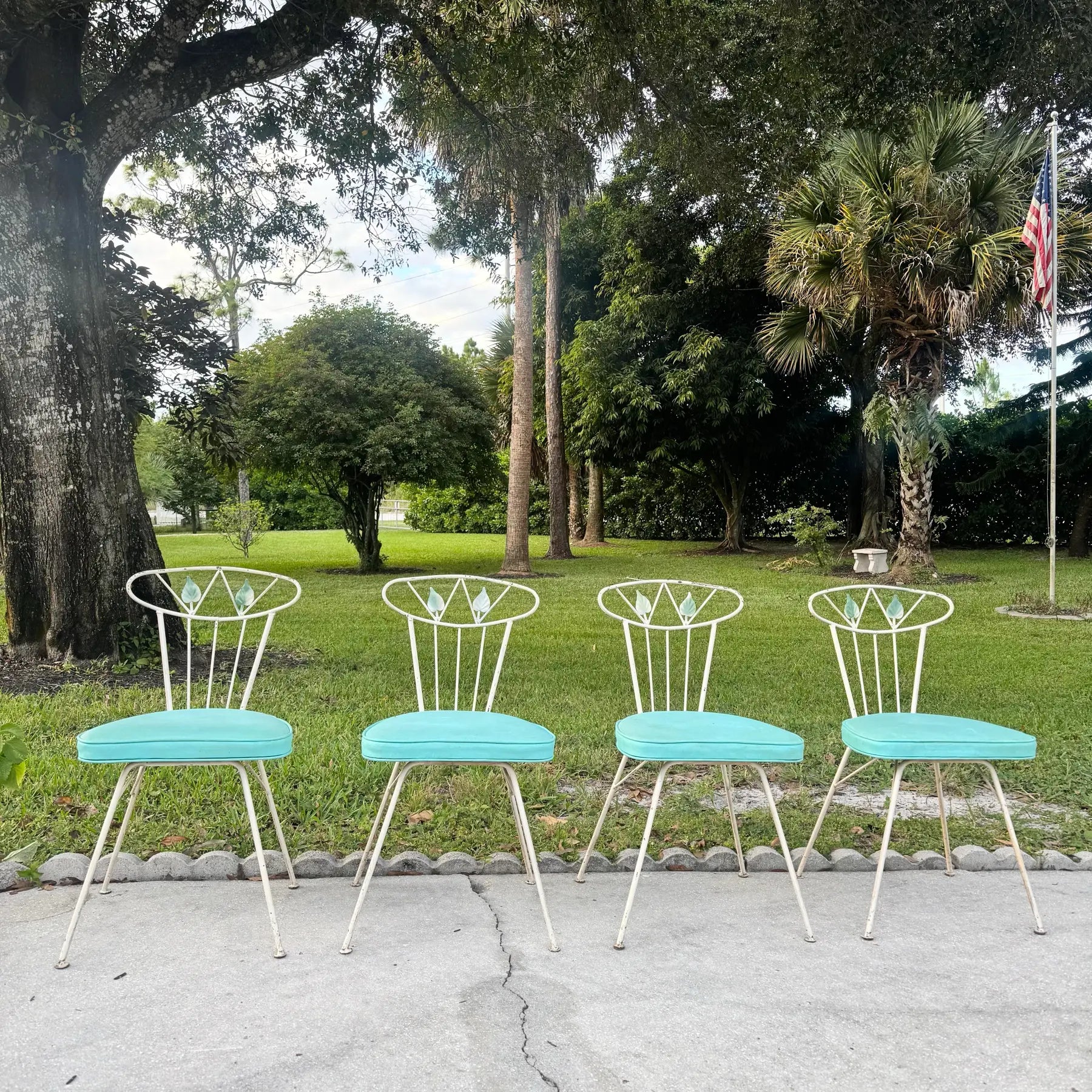Mid Century Modern Atomic Style Wrought Iron Outdoor Dining Chairs - Set of 4