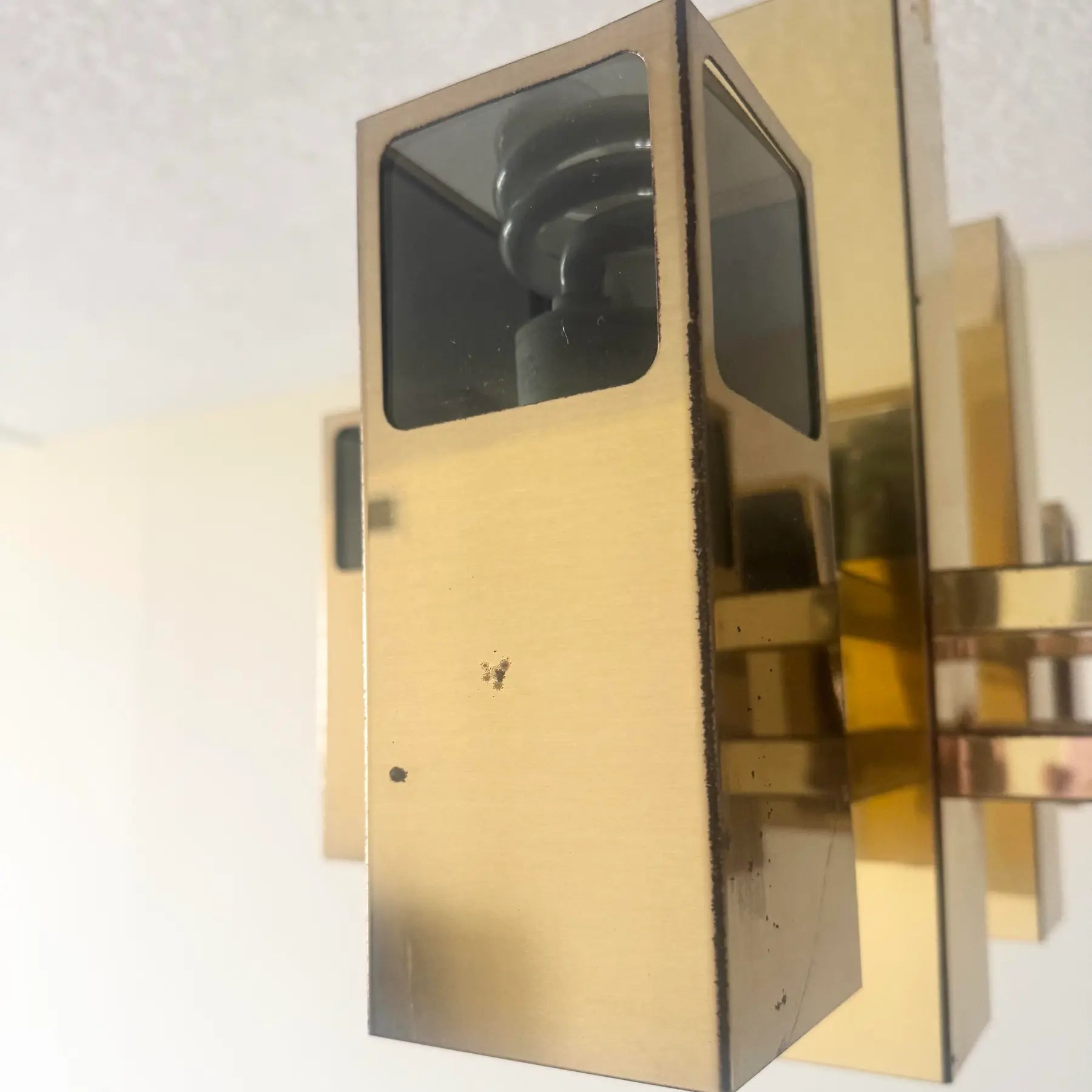 Mid Century Modern Brass Finish and Smoked Lucite Chandelier by Robert Sonneman Dolphin & Flamingo