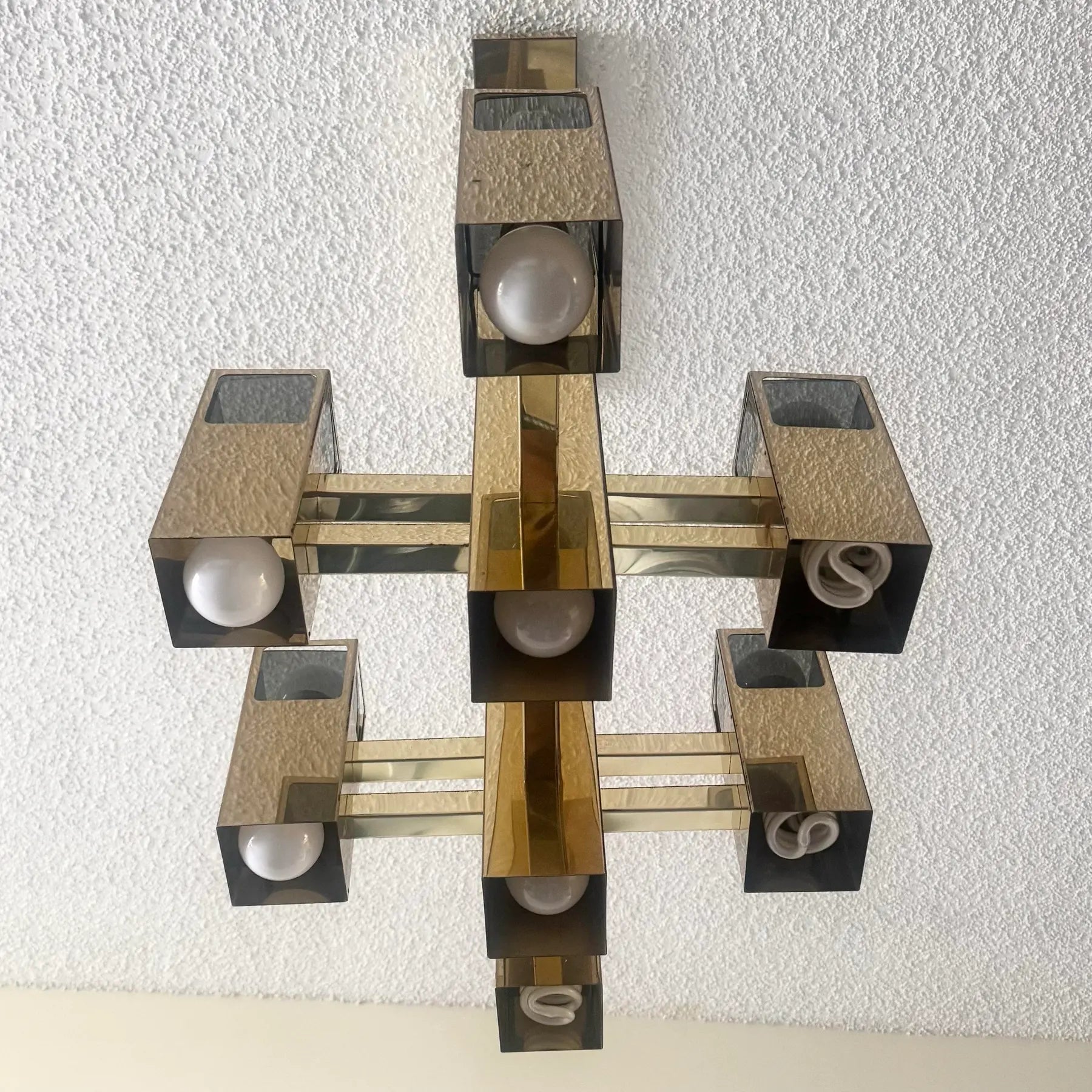 Mid Century Modern Brass Finish and Smoked Lucite Chandelier by Robert Sonneman Dolphin & Flamingo