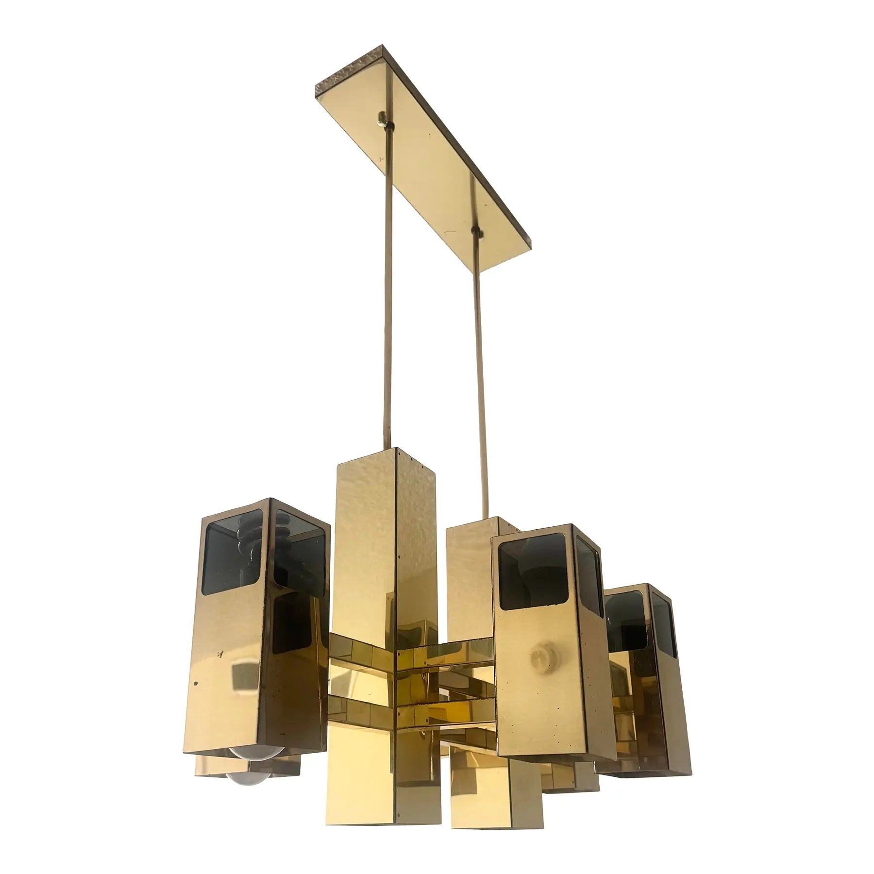 Mid Century Modern Brass Finish and Smoked Lucite Chandelier by Robert Sonneman Dolphin & Flamingo
