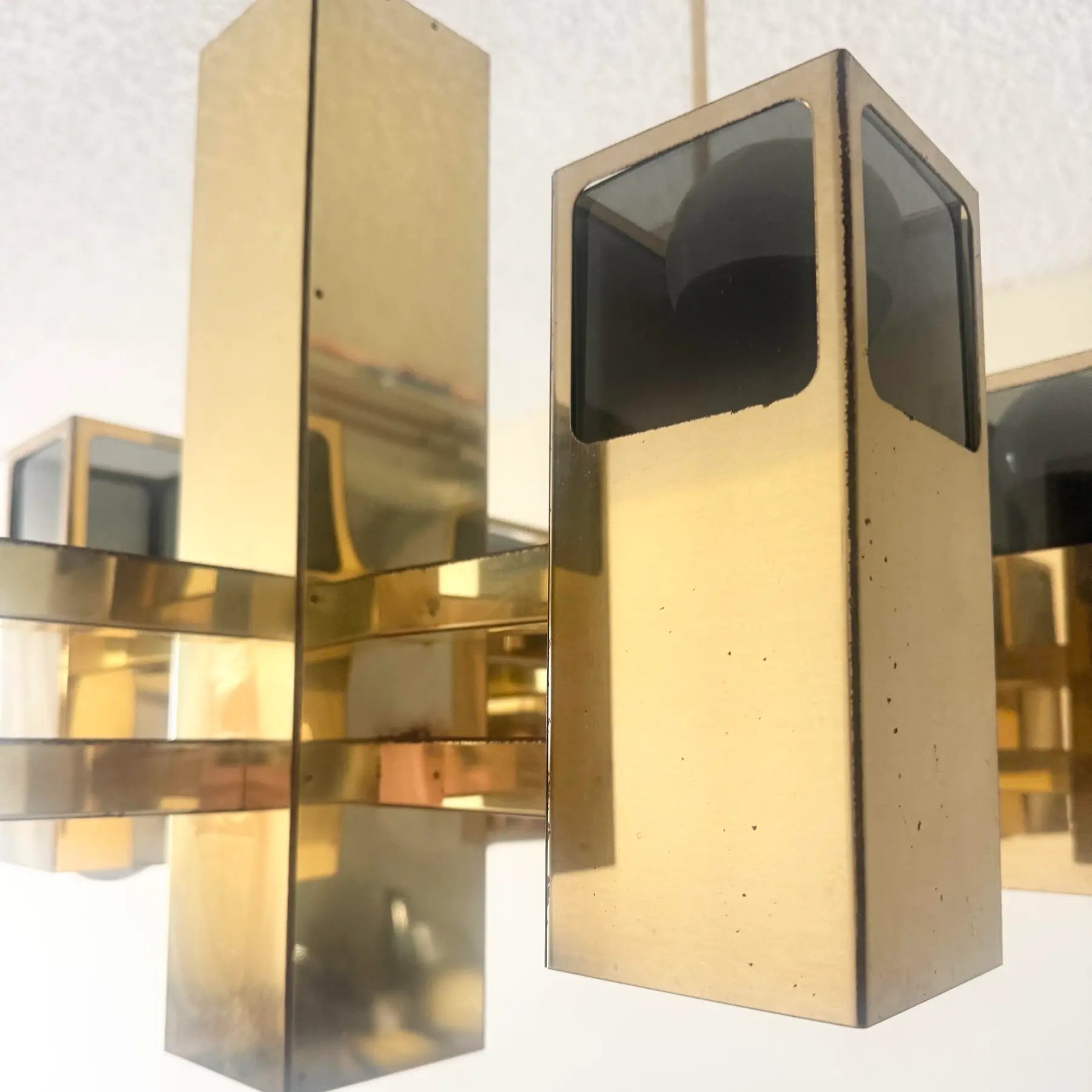 Mid Century Modern Brass Finish and Smoked Lucite Chandelier by Robert Sonneman Dolphin & Flamingo