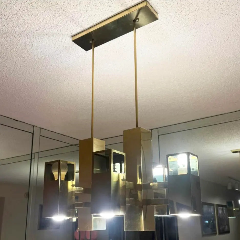 Mid Century Modern Brass Finish and Smoked Lucite Chandelier by Robert Sonneman Dolphin & Flamingo