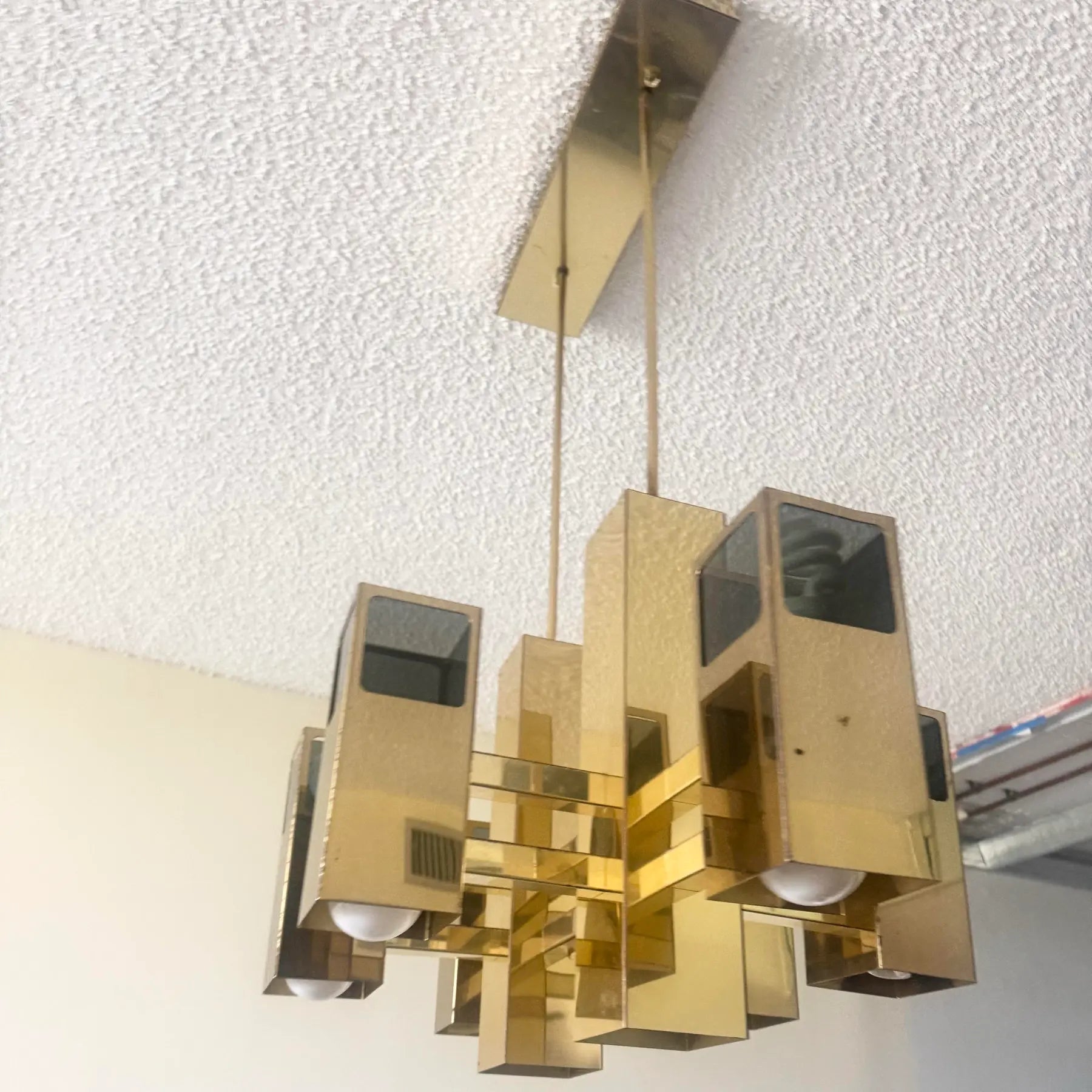 Mid Century Modern Brass Finish and Smoked Lucite Chandelier by Robert Sonneman Dolphin & Flamingo
