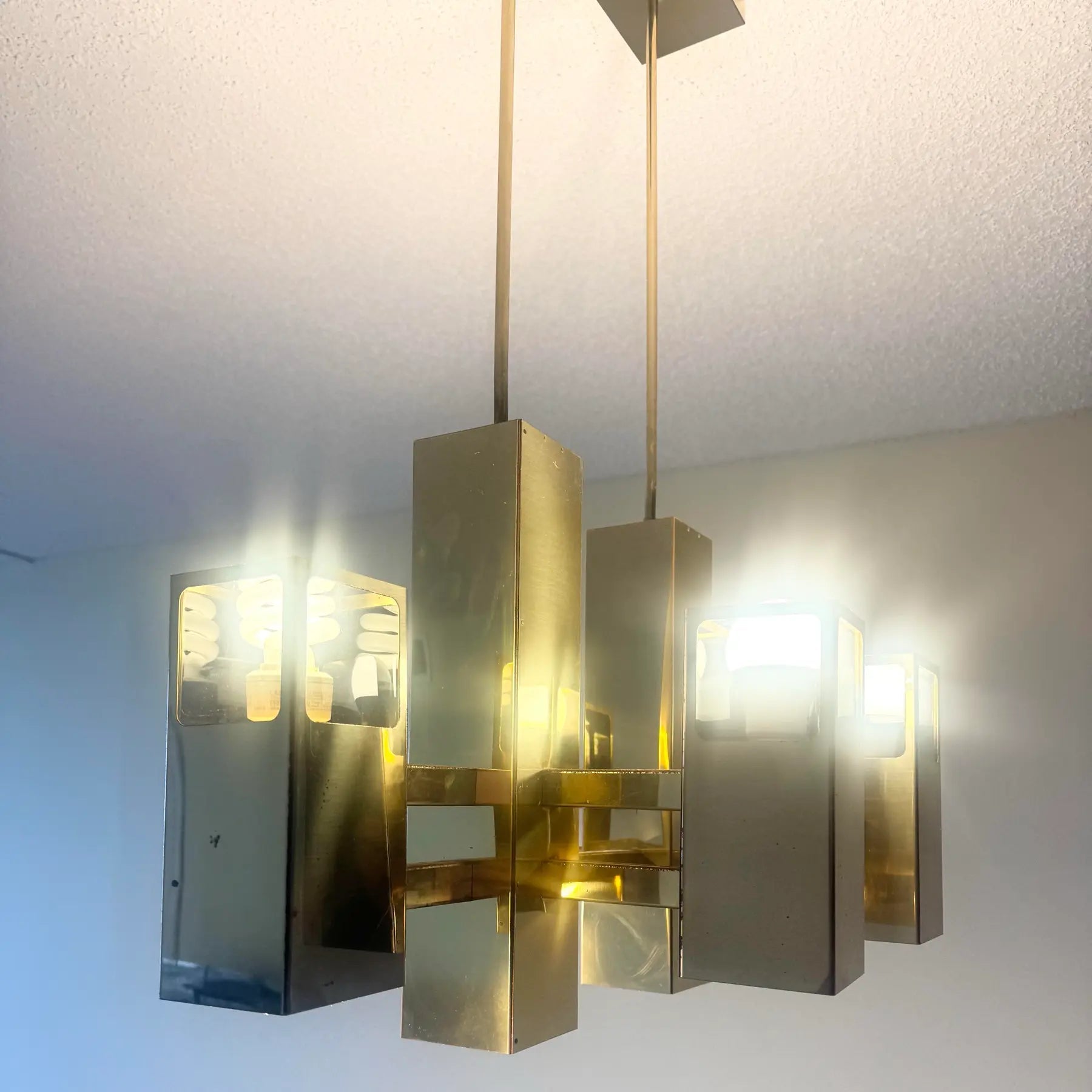 Mid Century Modern Brass Finish and Smoked Lucite Chandelier by Robert Sonneman Dolphin & Flamingo