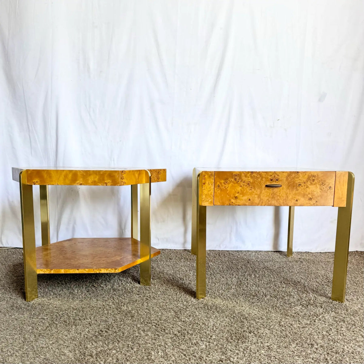 Mid Century Modern Burl Wood and Gold Side Tables by Herman - Set of 2 - Dolphin & Flamingo