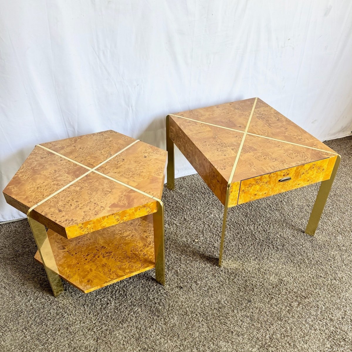 Mid Century Modern Burl Wood and Gold Side Tables by Herman - Set of 2 - Dolphin & Flamingo