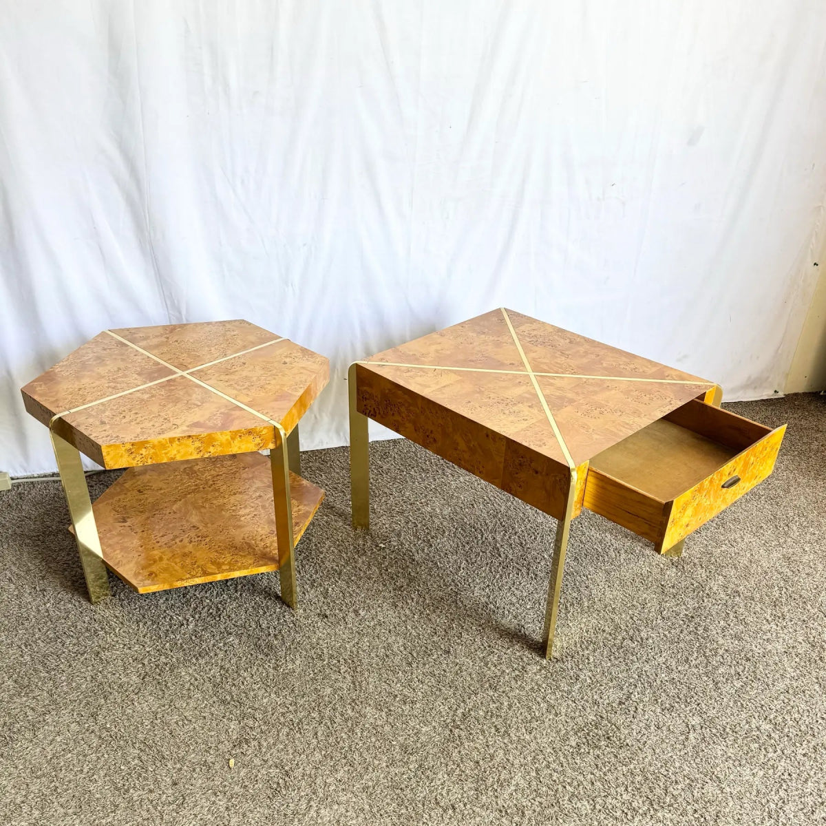 Mid Century Modern Burl Wood and Gold Side Tables by Herman - Set of 2 - Dolphin & Flamingo