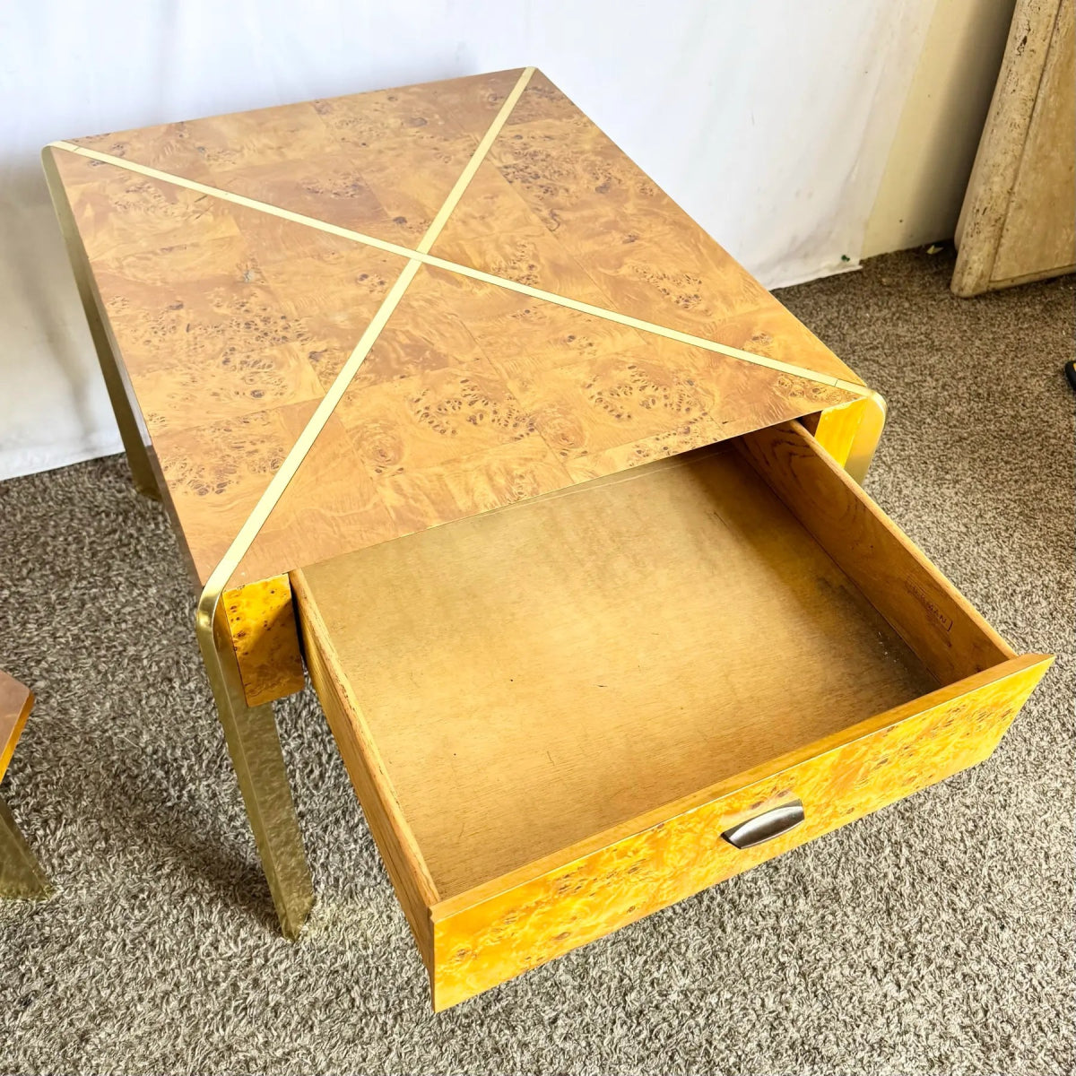Mid Century Modern Burl Wood and Gold Side Tables by Herman - Set of 2 - Dolphin & Flamingo