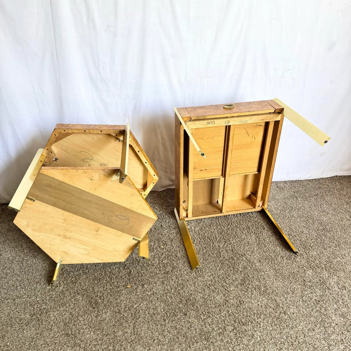 Mid Century Modern Burl Wood and Gold Side Tables by Herman - Set of 2 - Dolphin & Flamingo