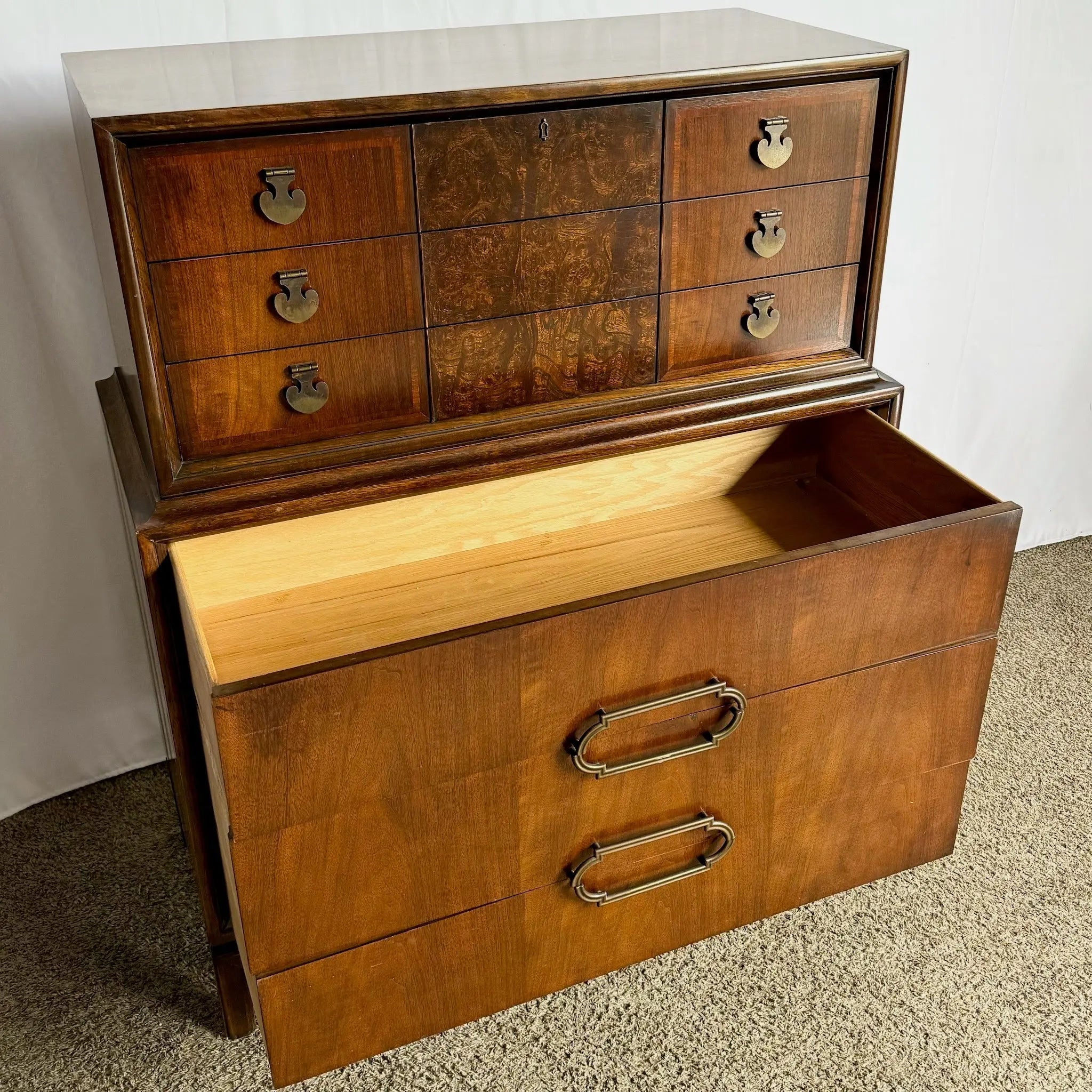 Mid-Century Modern Burl Wood Highboy Dresser – Dolphin & Flamingo