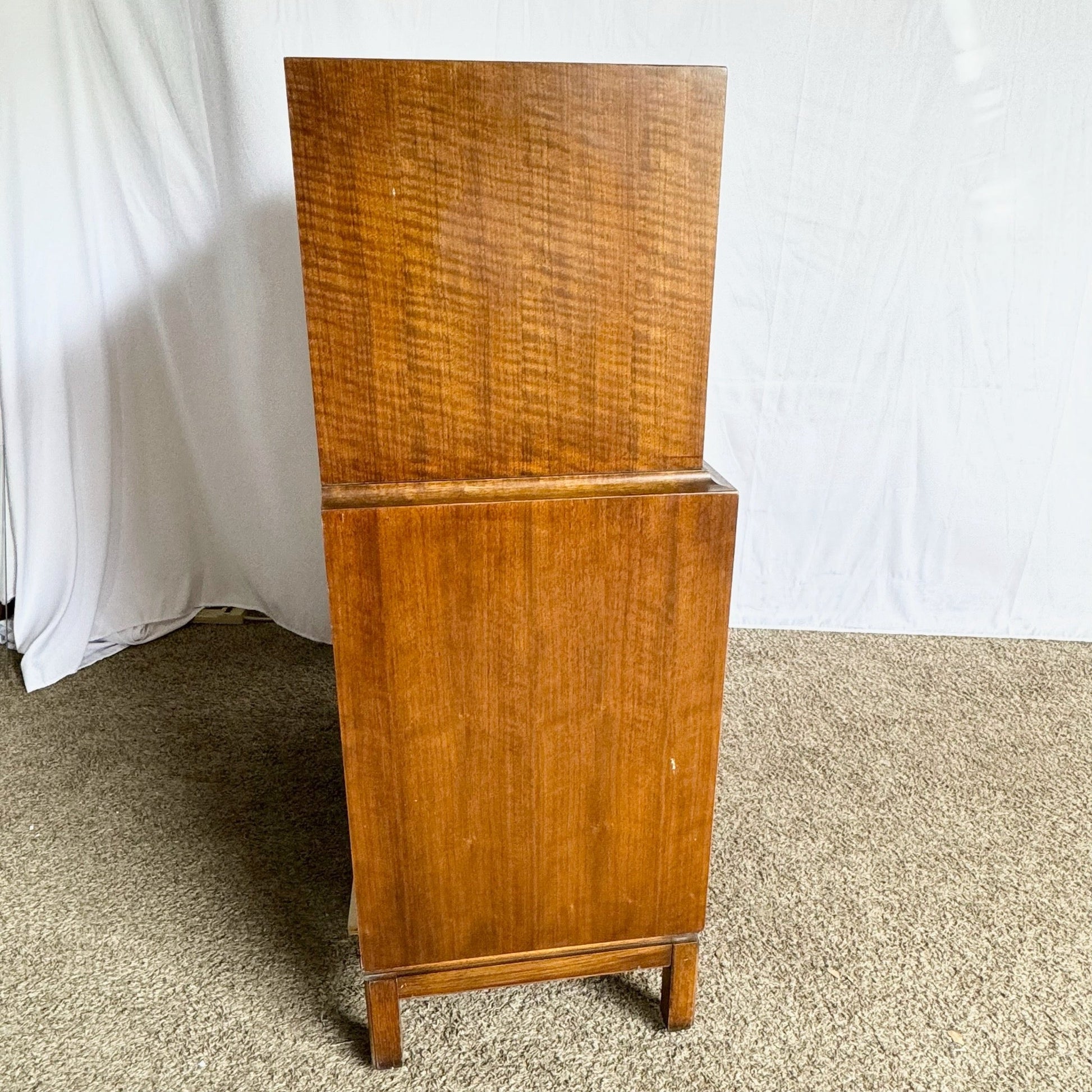 Mid-Century Modern Burl Wood Highboy Dresser – Dolphin & Flamingo Mid-Century Modern Burl Wood Highboy Dresser – Dolphin & Flamingo
