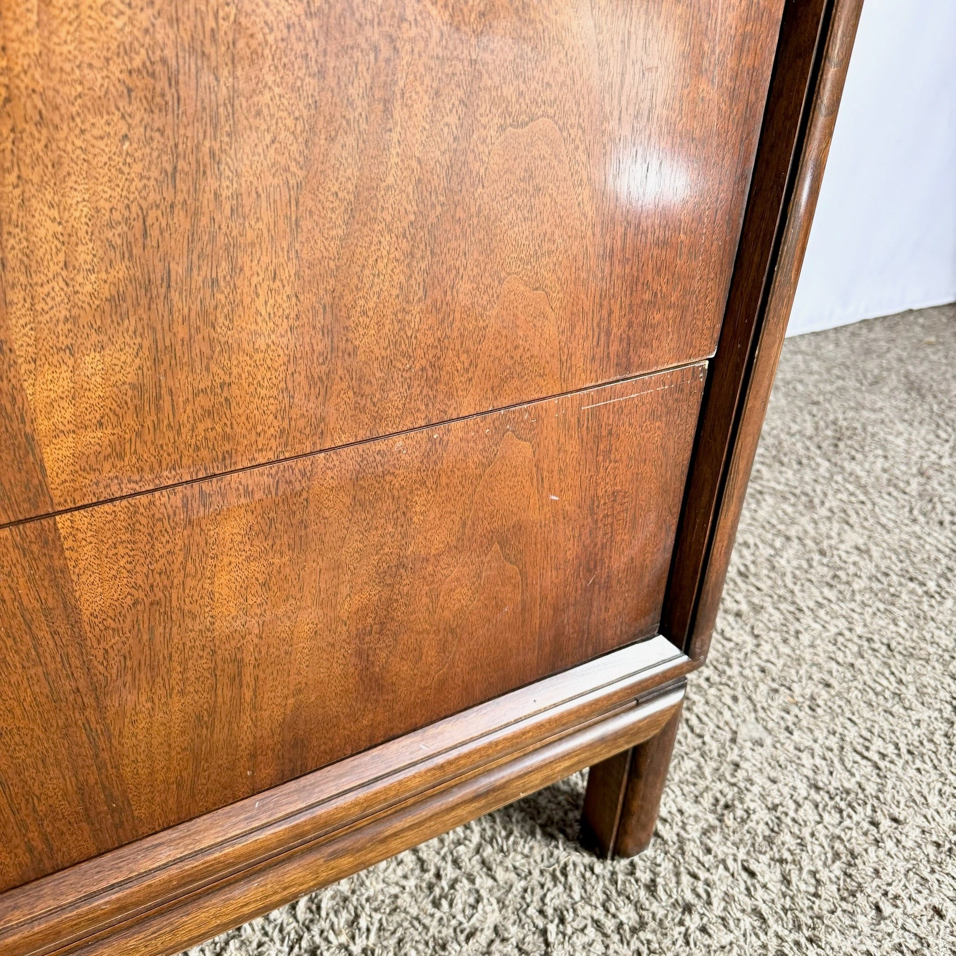 Mid Century Modern Burl Wood Highboy Dresser by Thomasville - Dolphin & Flamingo