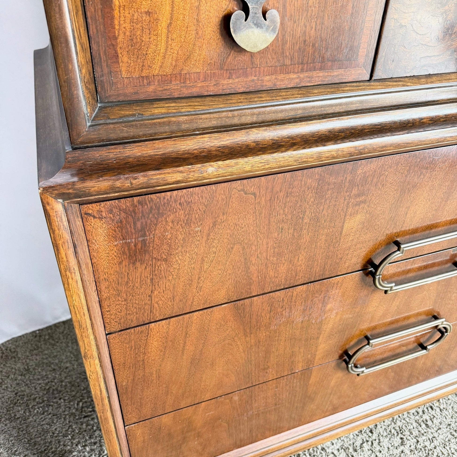Mid-Century Modern Burl Wood Highboy Dresser Dolphin & Flamingo Mid-Century Modern Burl Wood Highboy Dresser Dolphin & Flamingo