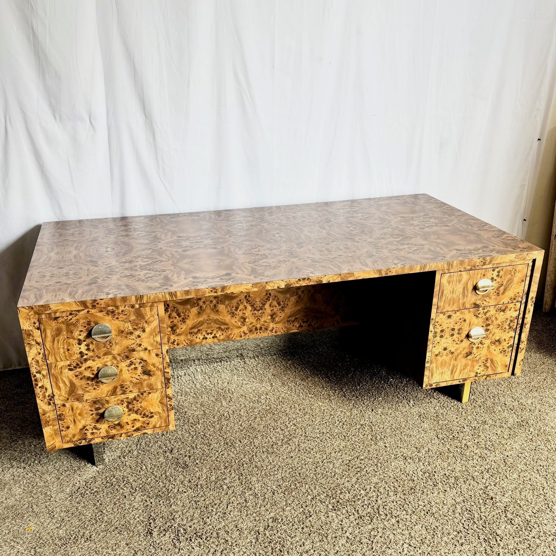 Mid Century Modern Burl Wood Laminate Executive Desk - Dolphin & Flamingo