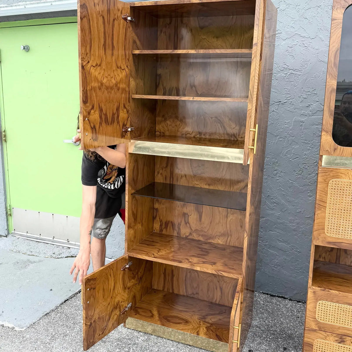 Mid Century Modern Burlwood Laminate and Cane Etageres/Wall Unit - Three Pieces