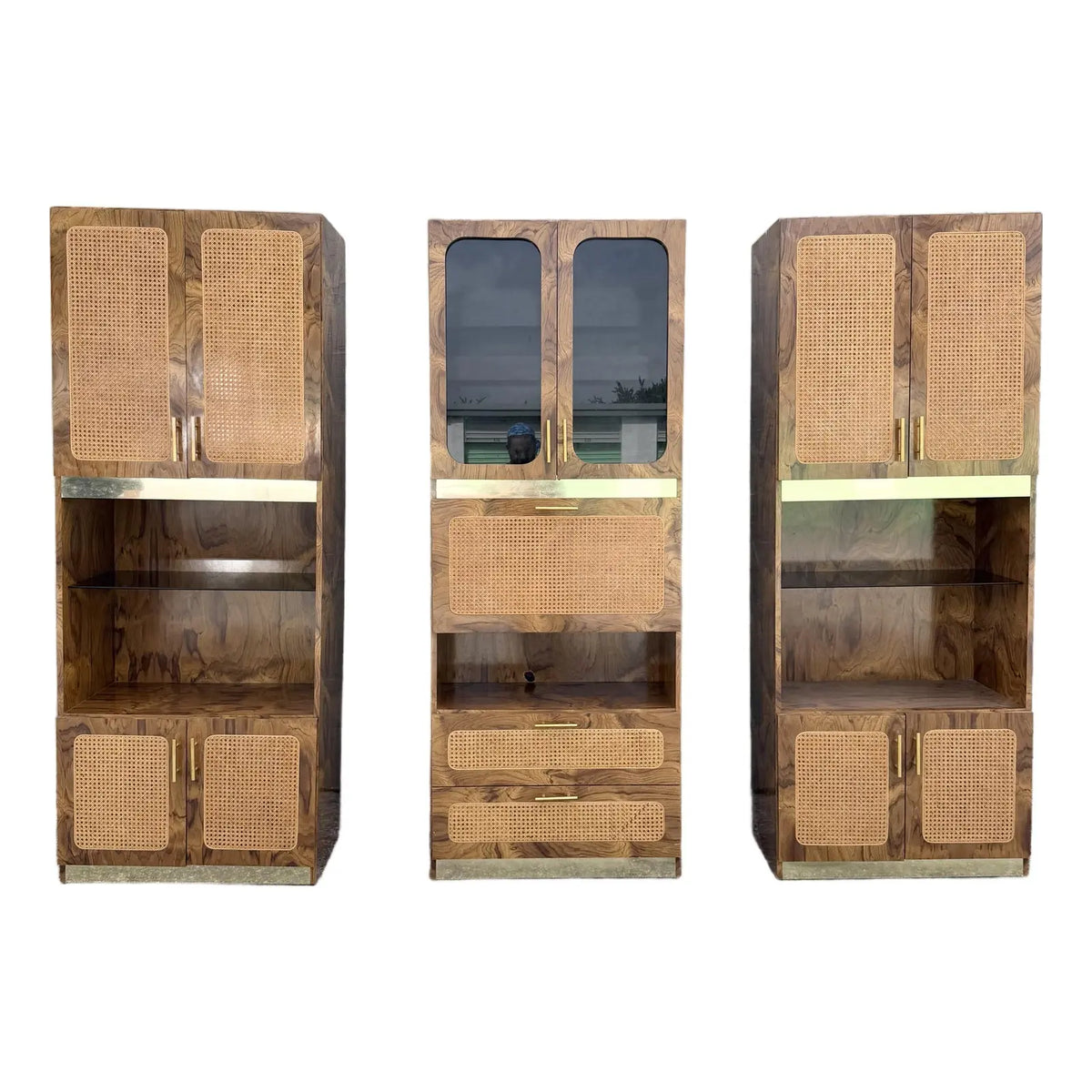 Mid Century Modern Burlwood Laminate and Cane Etageres/Wall Unit - Three Pieces