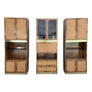 Mid Century Modern Burlwood Laminate and Cane Etageres/Wall Unit - Three Pieces