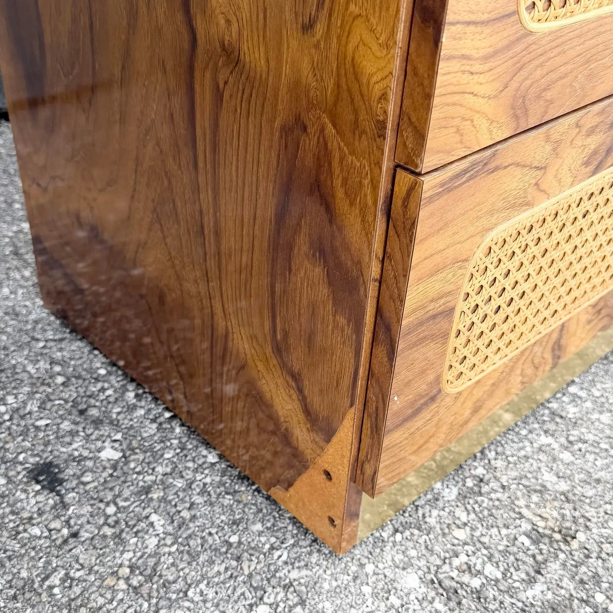 Mid Century Modern Burlwood Laminate and Cane Etageres/Wall Unit - Three Pieces